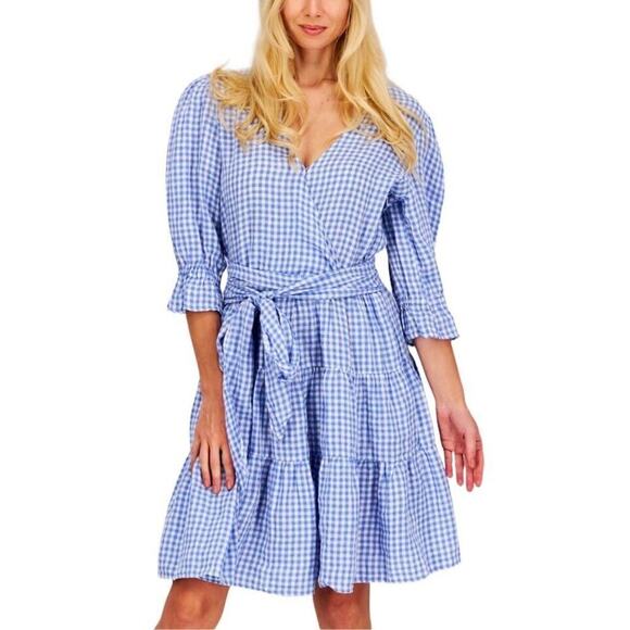 Lauren Ralph Lauren Linen Dress Size 4 Blue Gingham 3/4 Sleeve Wrap Waist Tie - Picture 1 of 15